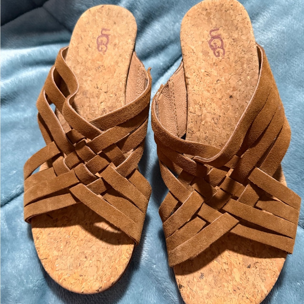 UGG Tan Suede Woven Slide Sandals